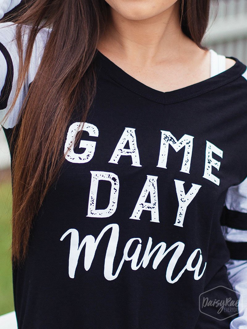 Game Day Mama on Black Longsleeve Tee with Grey Sleeves & Varsity Stripe