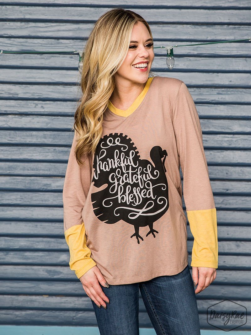 Thankful, Grateful, Blessed on Tan Longsleeve Tee with Yellow Accent