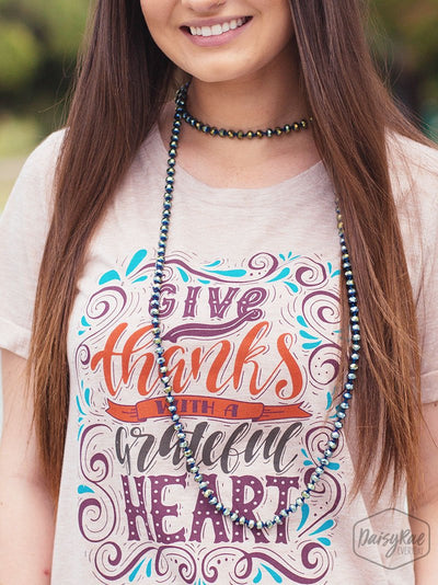 Give Thanks with a Grateful Heart on Beige V-Neck Tee