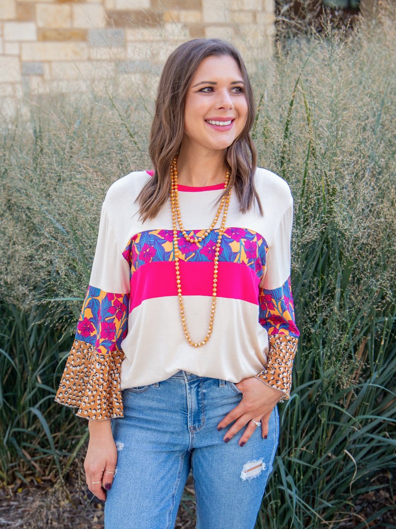 Flow Together Beige Top With Pink and Floral Accents