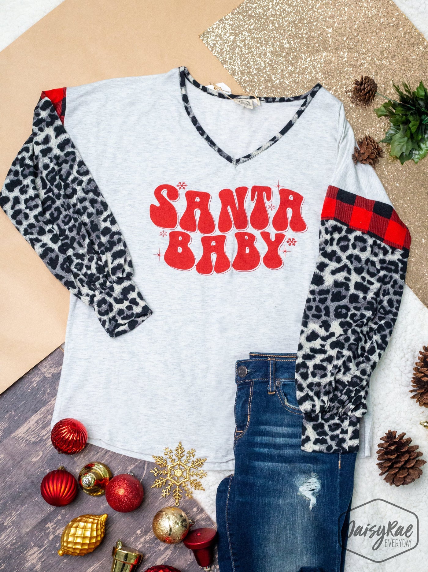 Santa Baby on Running on Full V Neck with Balloon Long Sleeve, Grey