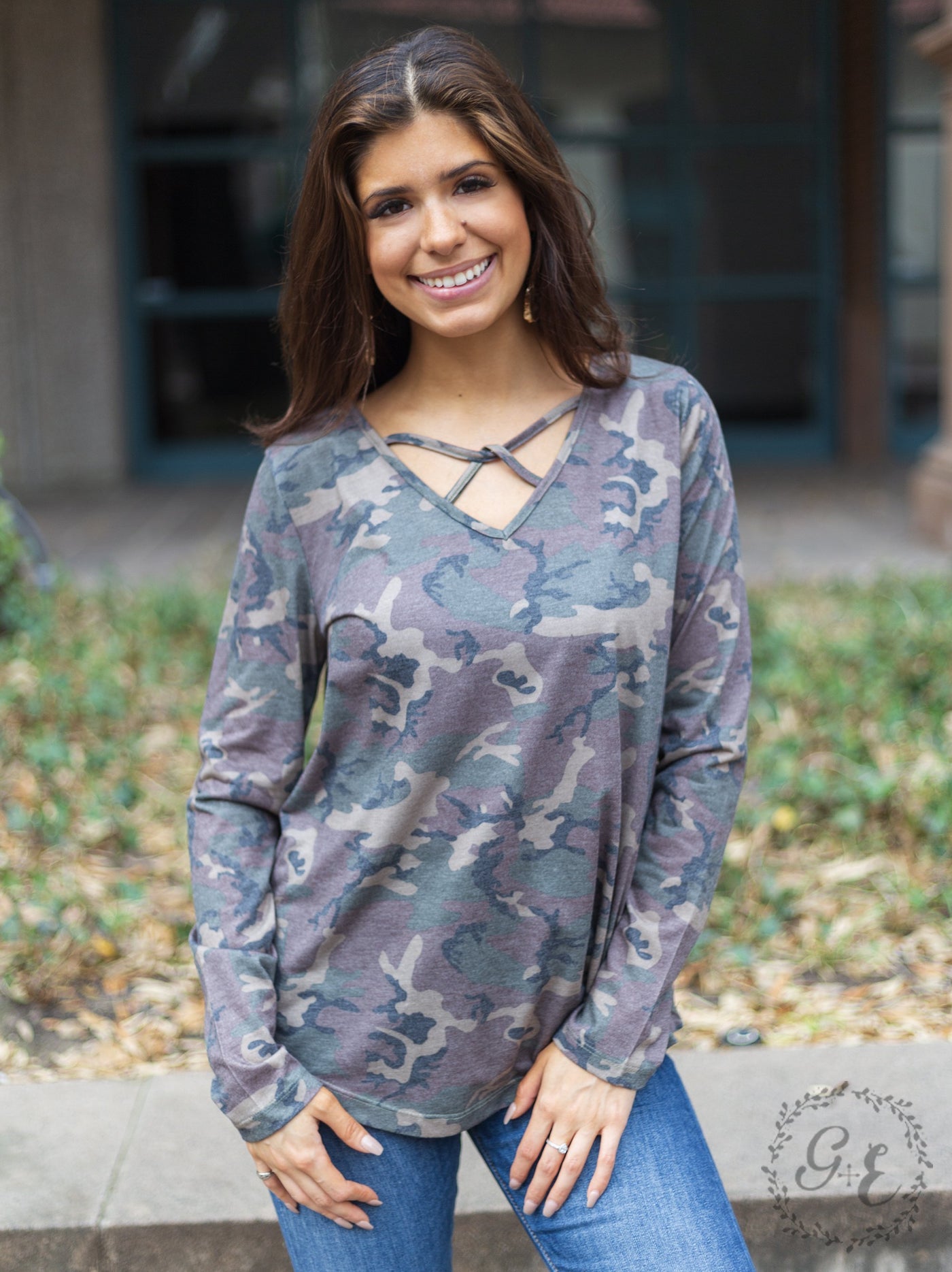 Let's Take a Road Trip Caged Long Sleeve with V neck, Camouflage