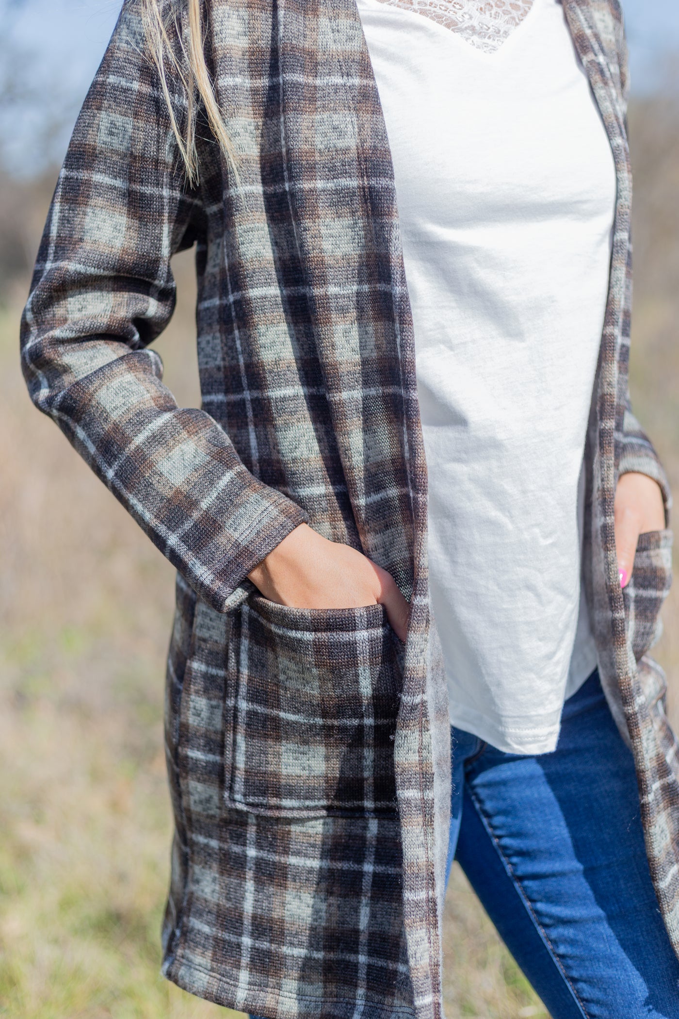 Fireplace Chillin Sweater Cardigan with Pockets, Plaid