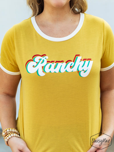 Ranchy on Trim It Down Short Sleeves Ringer Tee, White And Mustard