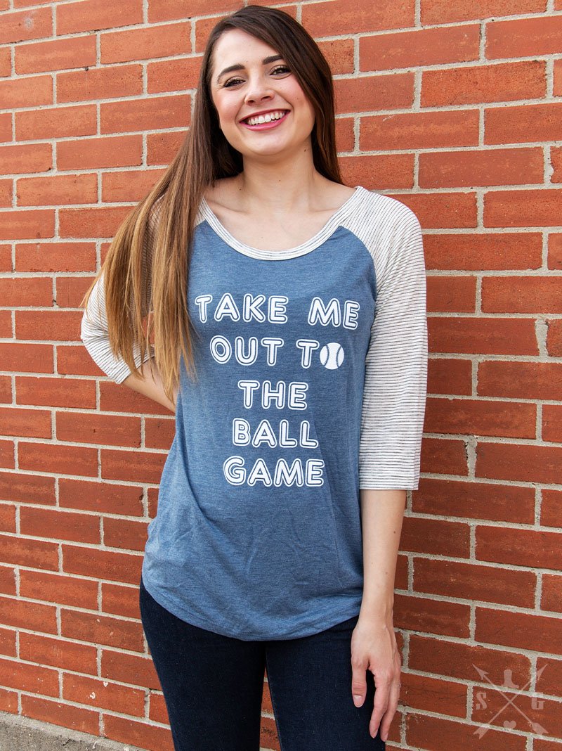 Take Me Out to the Ball Game on Faded Blue & Grey Striped Raglan