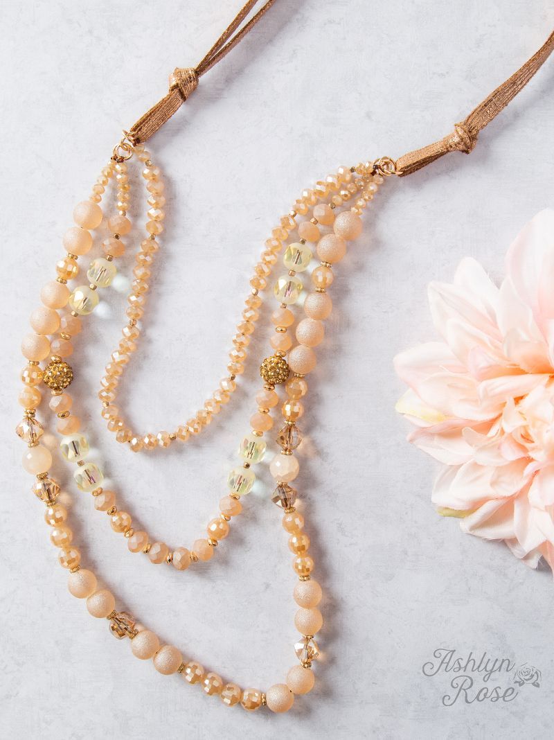 Peacefully in Love with Bronze Strap Beaded Necklace, Beige