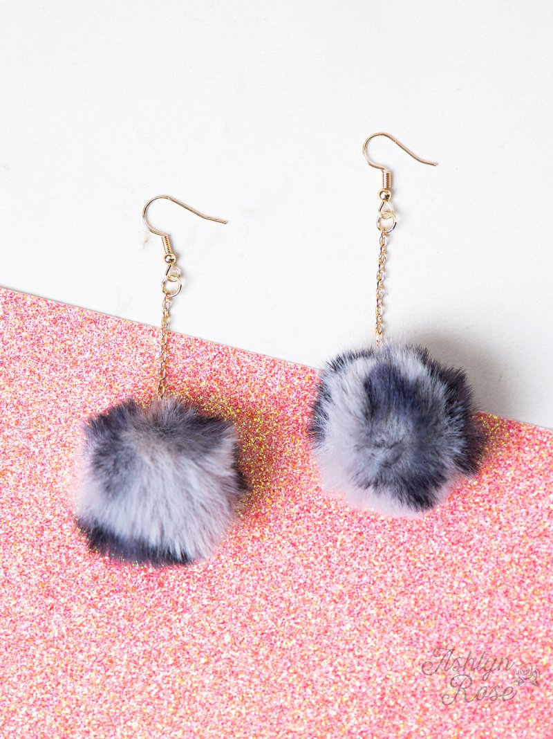 Live your Passion Long Pom Pom Earrings, Grey