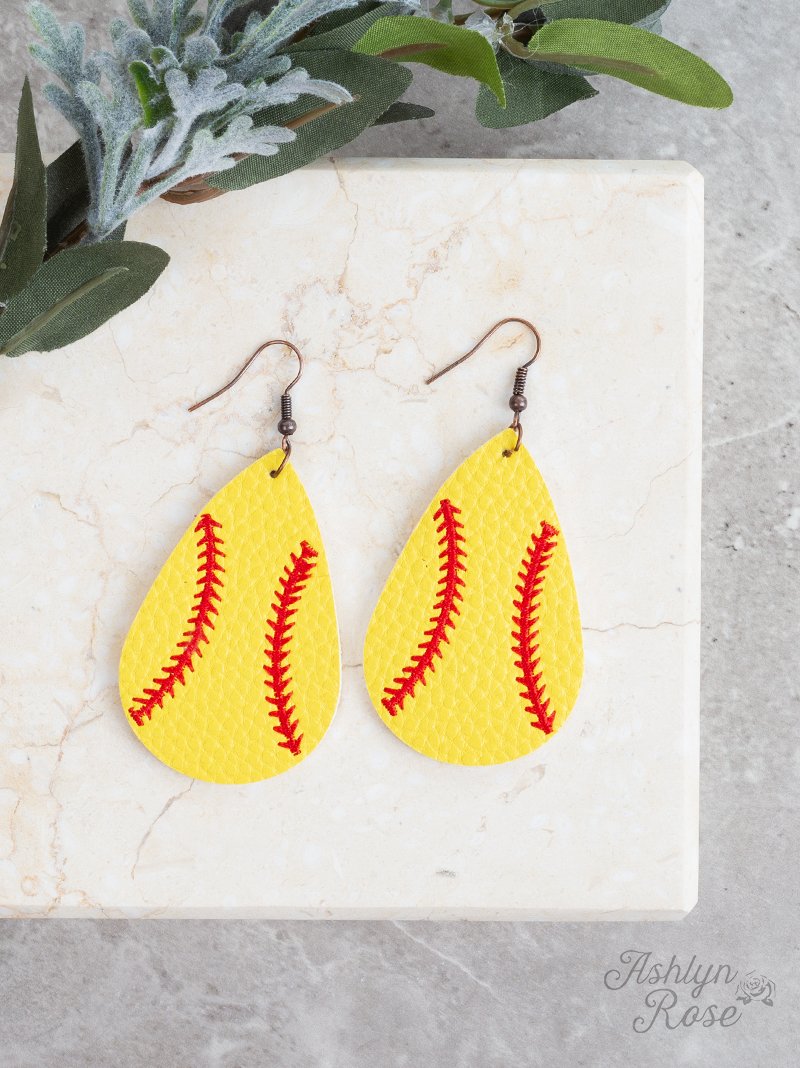 Home Run Leather Softball Drop Earrings, Yellow and Red