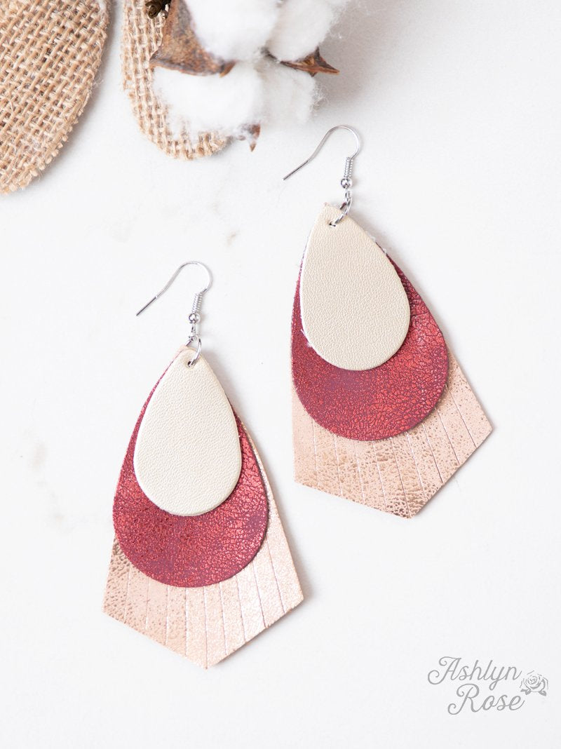 All in Fringe 3 Tiered Rose Gold Glitter Fringed Earrings, Red