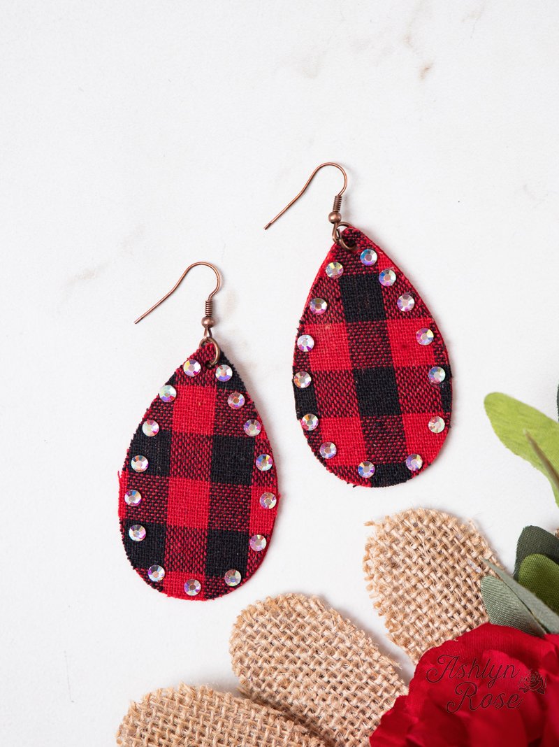 Love is All Around Buffalo Plaid Teardrop Earrings with AB Crystals
