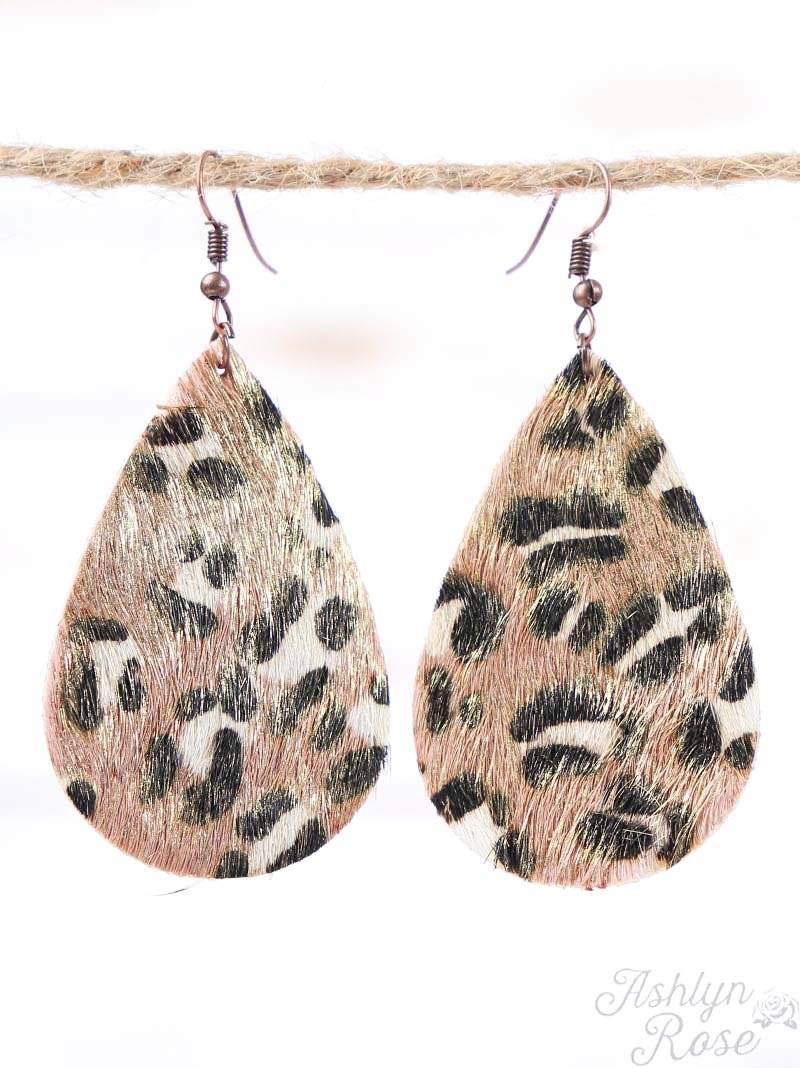 Leopard Print Teardrop Earrings with Gold Shimmer, Copper