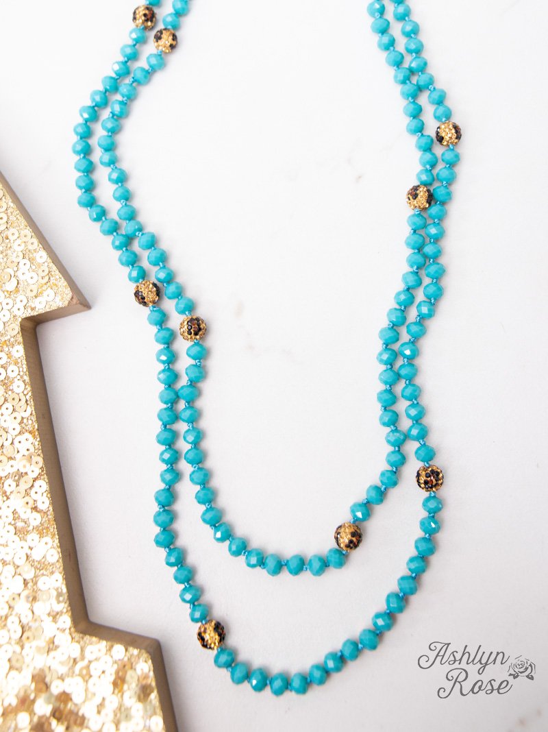 Curious Crystals, 60" Double Wrap Beaded Necklace in Turquoise 8MM