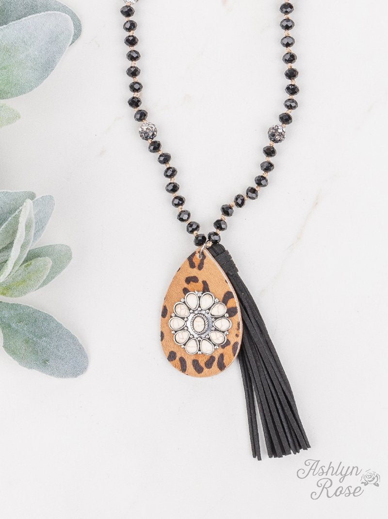 Leopard Glam Beaded Necklace with Leopard Pendant & Black Leather Tassel