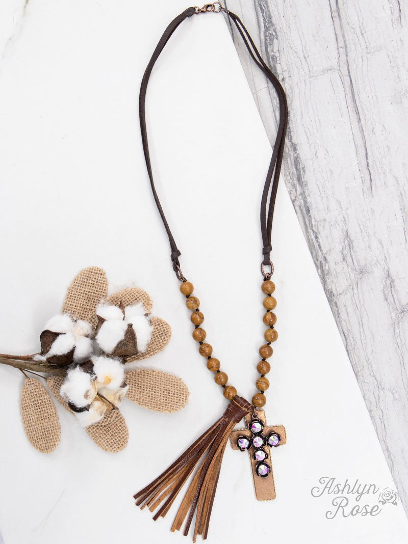 Layered Cross Leather Strap Necklace with Cross Pendant & Leather Tassel