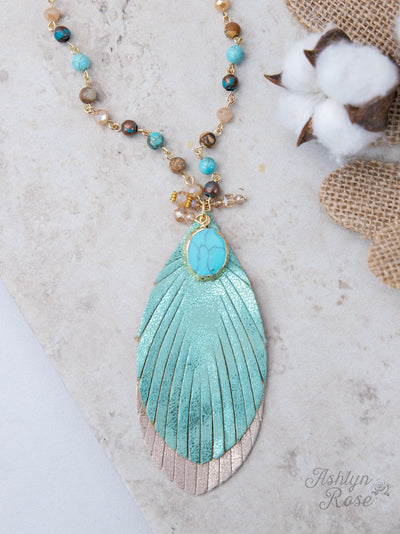 Light as a Feather Beaded Necklace with Turquoise Charm & Feather Pendant