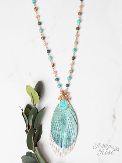 Light as a Feather Beaded Necklace with Turquoise Charm & Feather Pendant