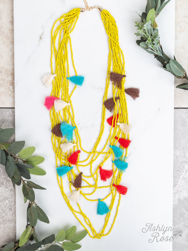 Two Tickets to Paradise Beaded Tassel Necklace, Yellow & Multi