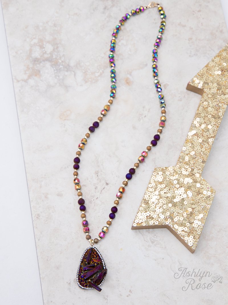 Mystic Wonder Beaded Necklace with Dimensional Stone Pendant, Deep Plum