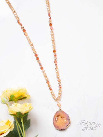 Glittering Geode Beaded Necklace with Stone Pendant, Light Pink
