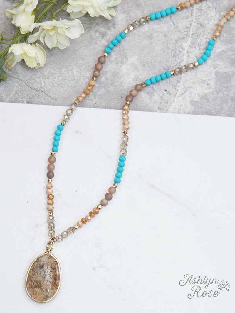 From this Moment Turquoise Beaded Necklace with Stone Pendant, Tan