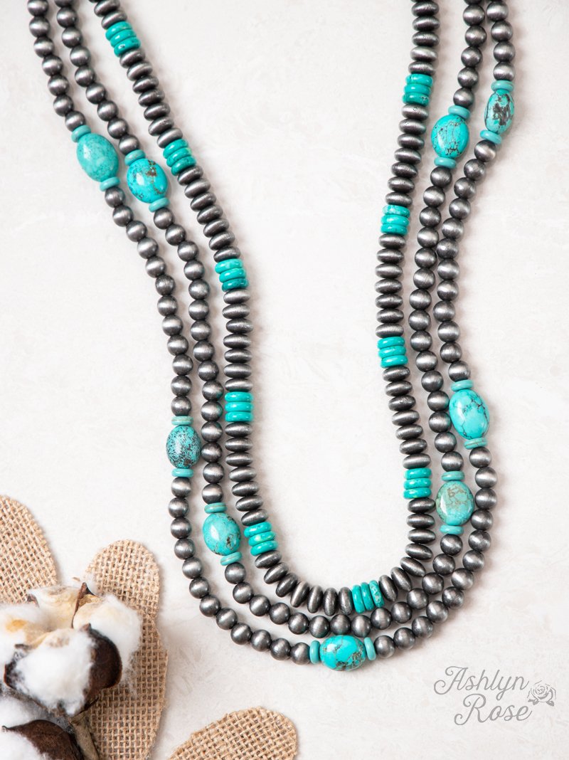 Tri-Strand Silver Beaded Necklace with Turquoise Stones