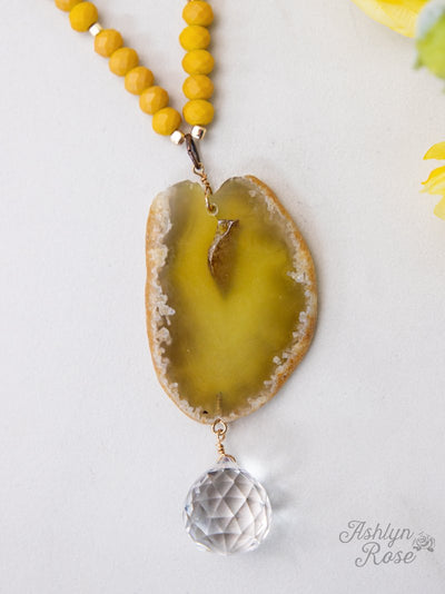 Burst of Sunshine Matte Mustard Beaded Necklace with Natural Stone Pendant & Glass Charm
