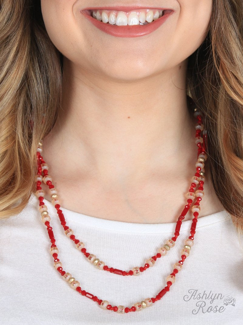 Daya's Double Wrap Red and Gold Beaded Necklace, 50"