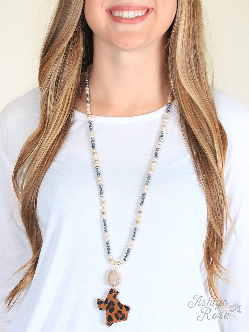 Long Beaded Necklace with Druzy Stone and Hide Leopard Texas Pendant