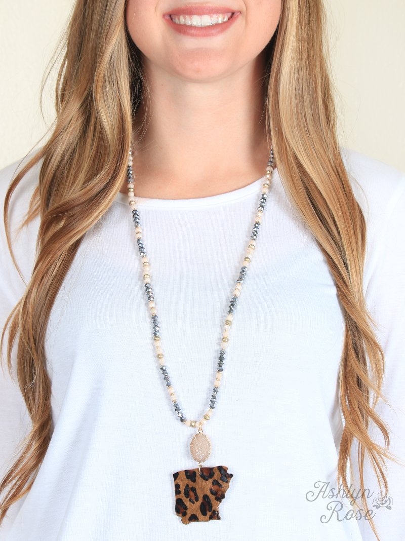 Long Beaded Necklace with Druzy Stone and Hide Leopard Arkansas Pendant
