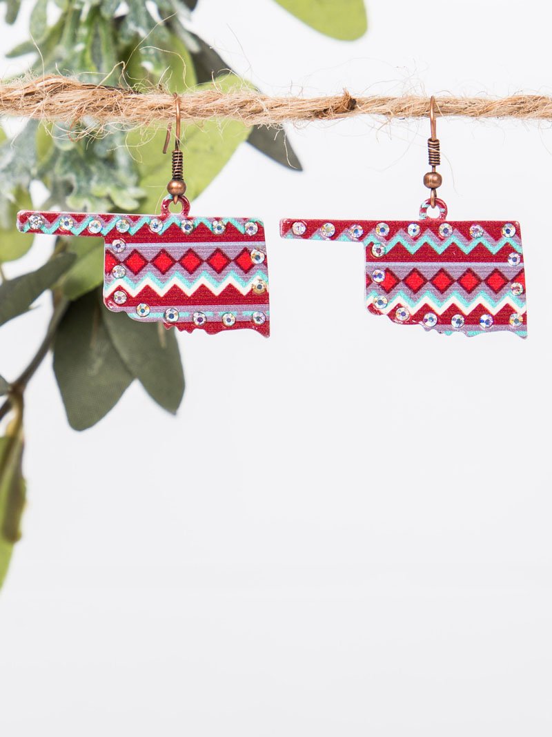 Red Aztec Print Oklahoma Earrings with AB Crystals