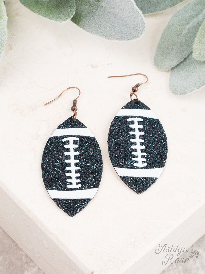 Game Day Darling Football Earrings, Blue Glitter