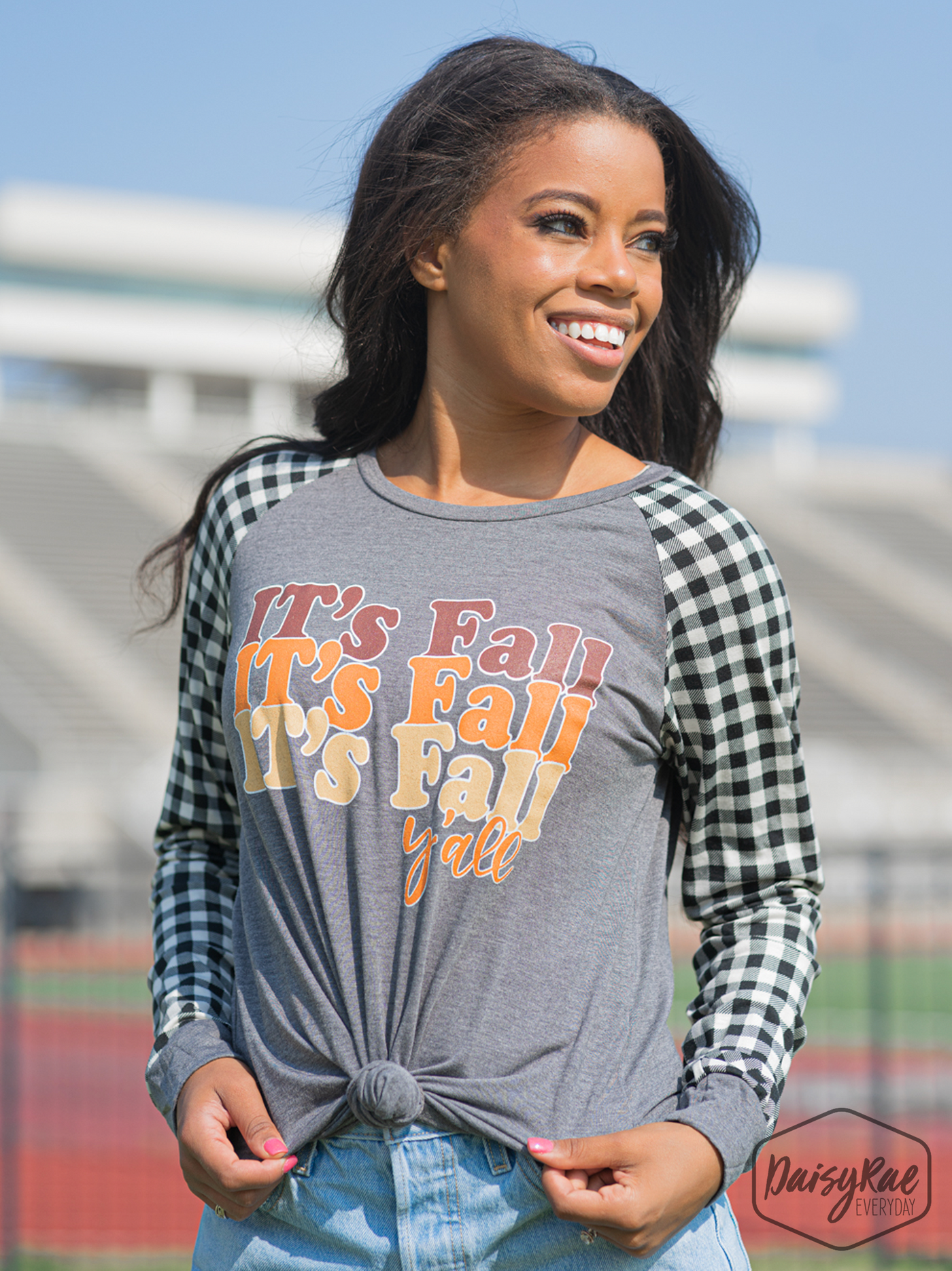 It's Fall Y'all on Grey Longsleeve Tee with White Gingham Sleeves