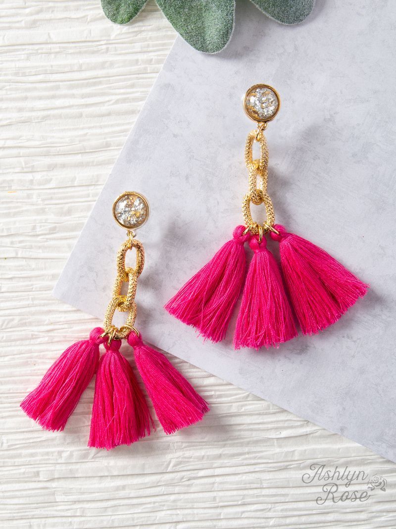 Speak to Me with Gold Chains Tassel Earrings, Pink