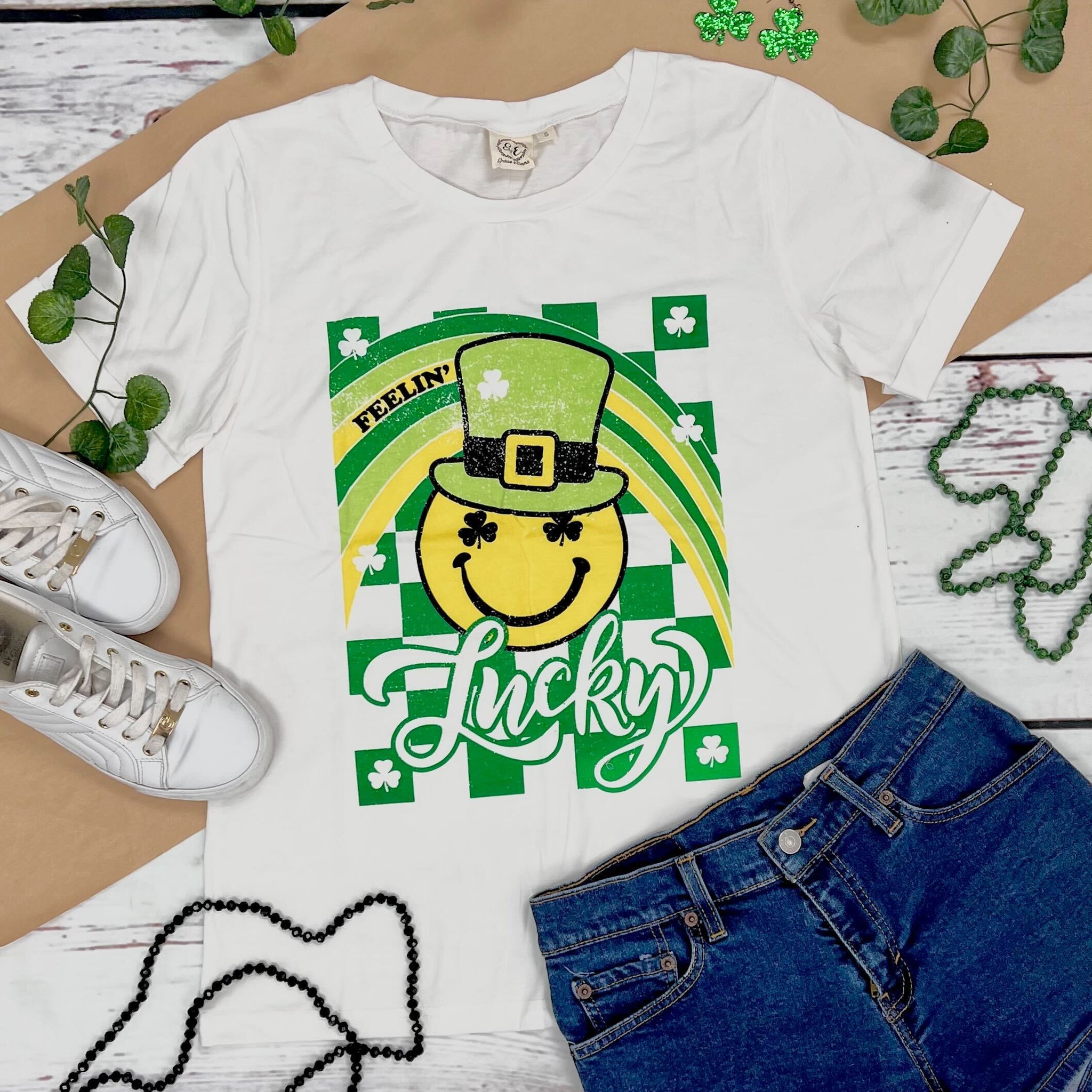 Feelin' Lucky on Vanilla Bean-White Cuff Tee