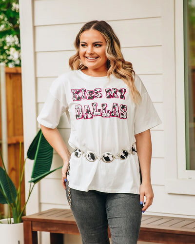 Kiss My Dallas on Oversized Tee with Slit in White