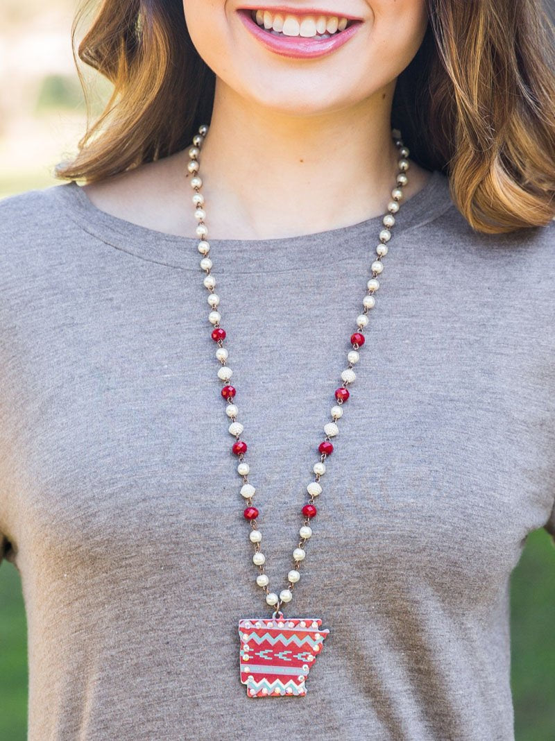 Red Aztec Print Arkansas Necklace with AB Crystals