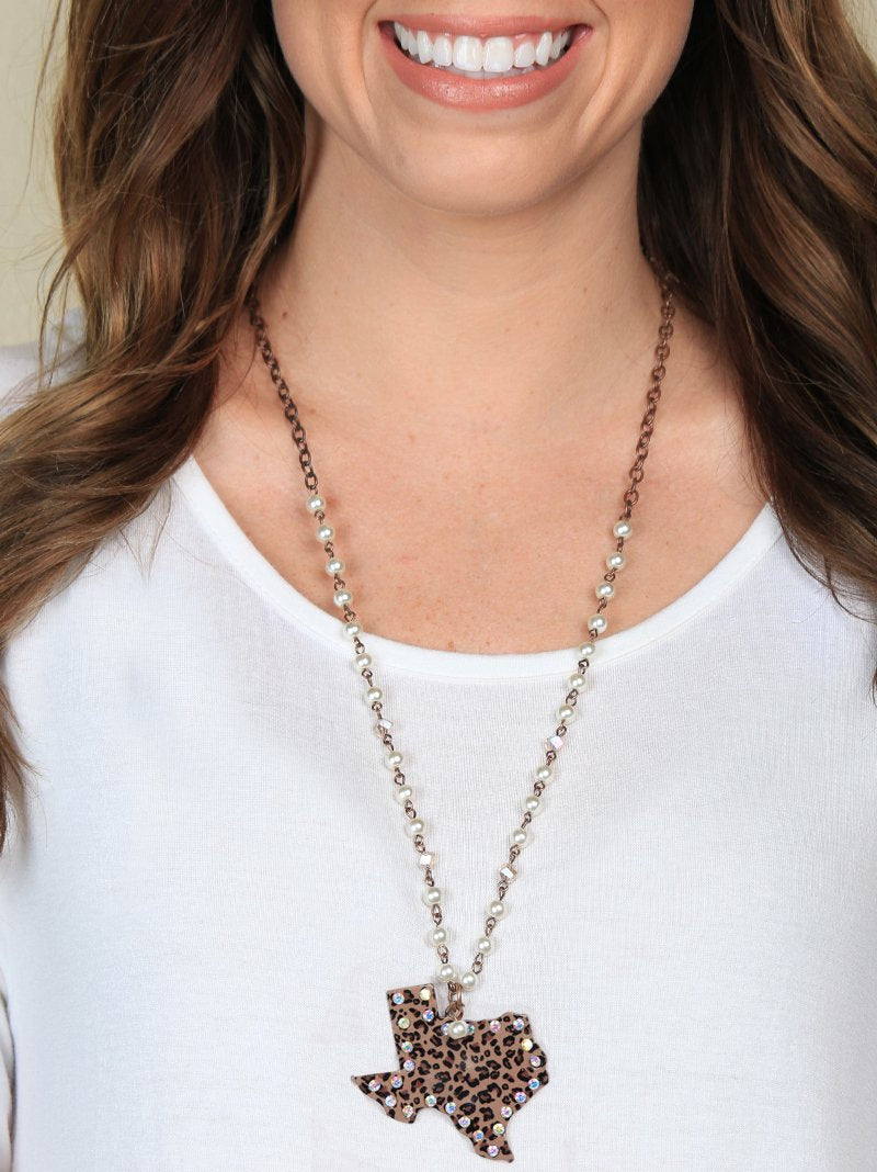 Leopard Texas with AB Crystals on Pearl Beaded Necklace