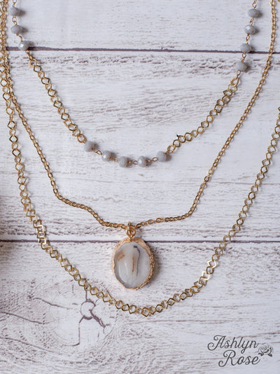 SWEET TO BE LOVED GREY SLICED AGATE GOLD LAYERED NECKLACE