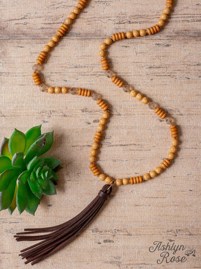 JUST A SMALL TOWN GAL LEATHER TASSEL WOOD BEADED NECKLACE