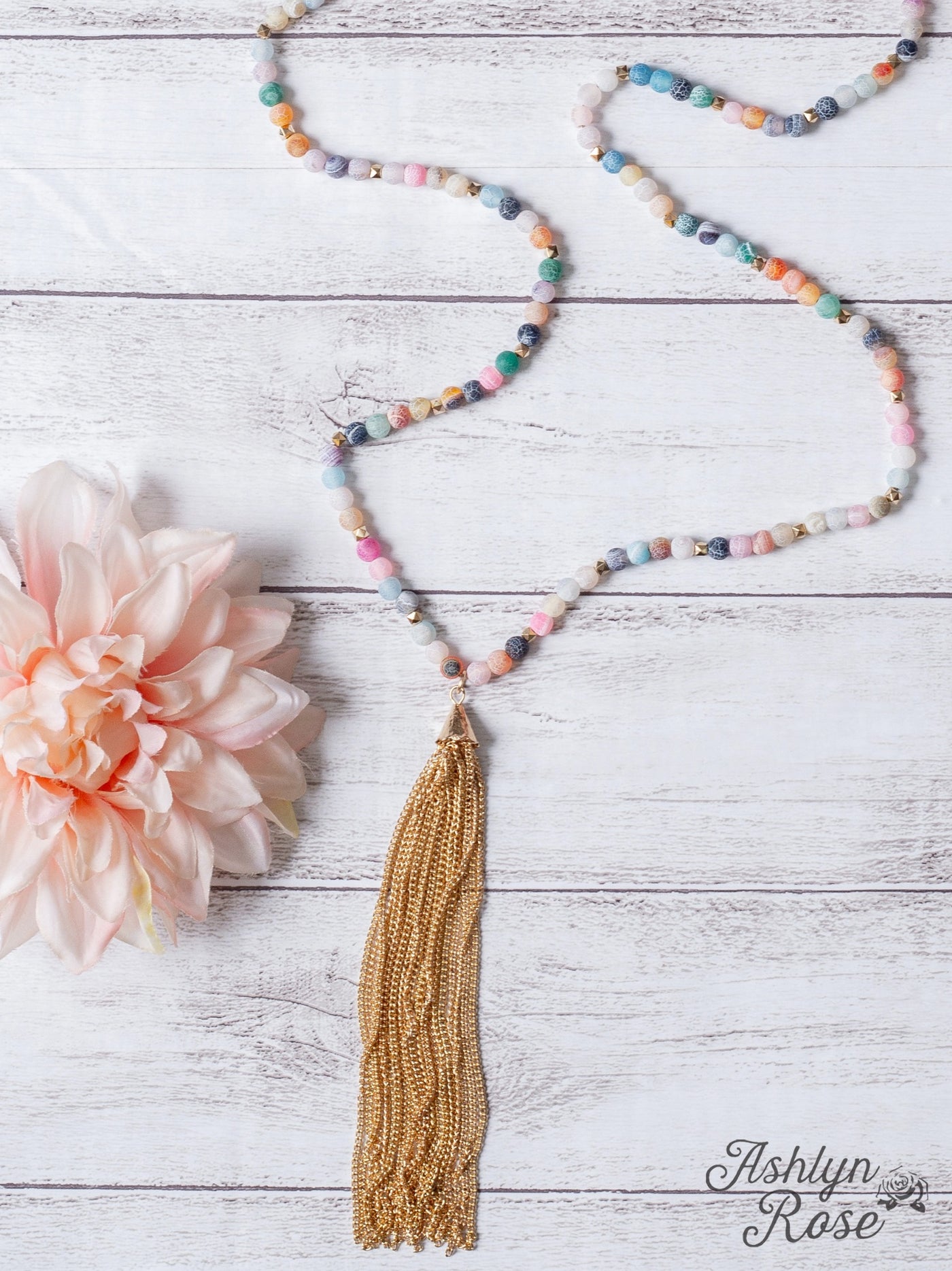 COLOR ME IN BEAUTIFUL GOLD CHAIN TASSEL ON A MATTE MULTICOLOR CRACKED AGATE BEADED NECKLACE