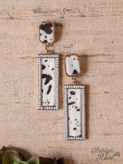 Rectangle Pendant Earrings, Cowhide