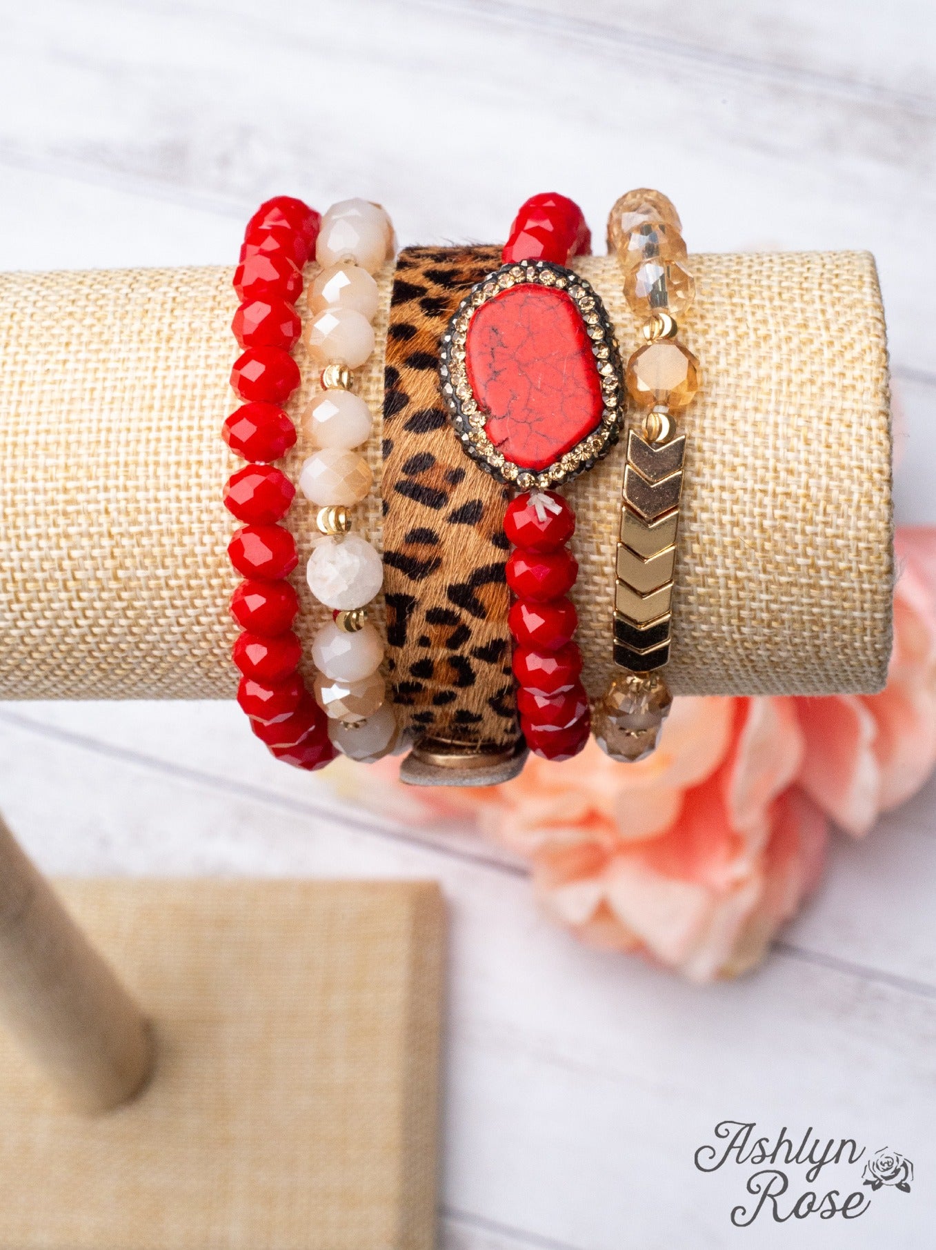 WHINE AND DINE LEOPARD RED MIXED BEADS BRACELET SET