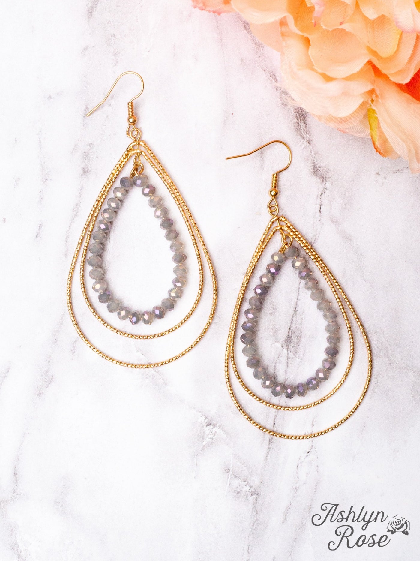 YOU'VE GOT ME MEMORIZED GOLD TEARDROP GREY CRYSTAL BEADED HOOP EARRINGS