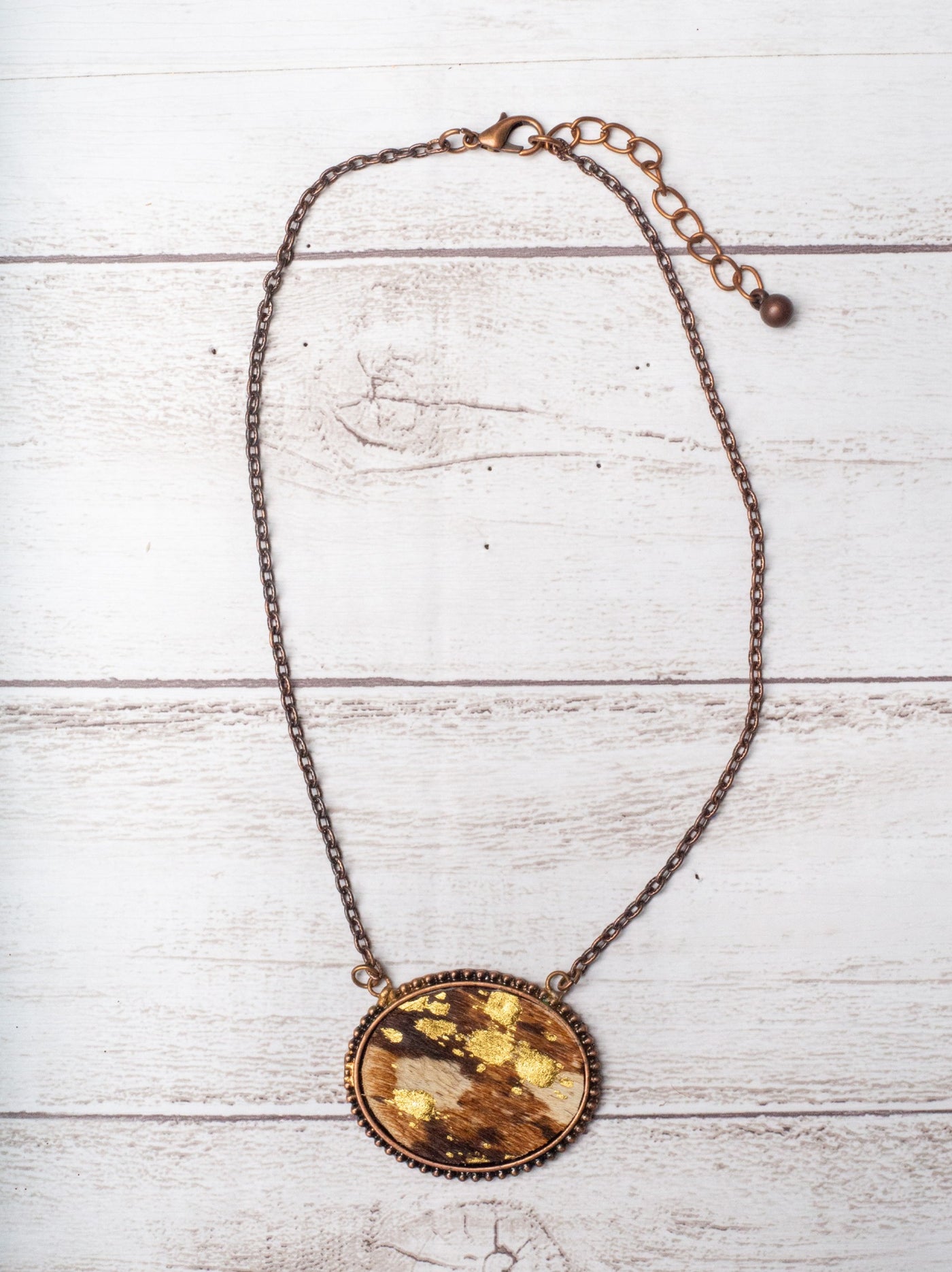 I DANCE COUNTRY & WESTERN GOLD FOIL BROWN COWHIDE OVAL PENDANT VINTAGE COPPER NECKLACE