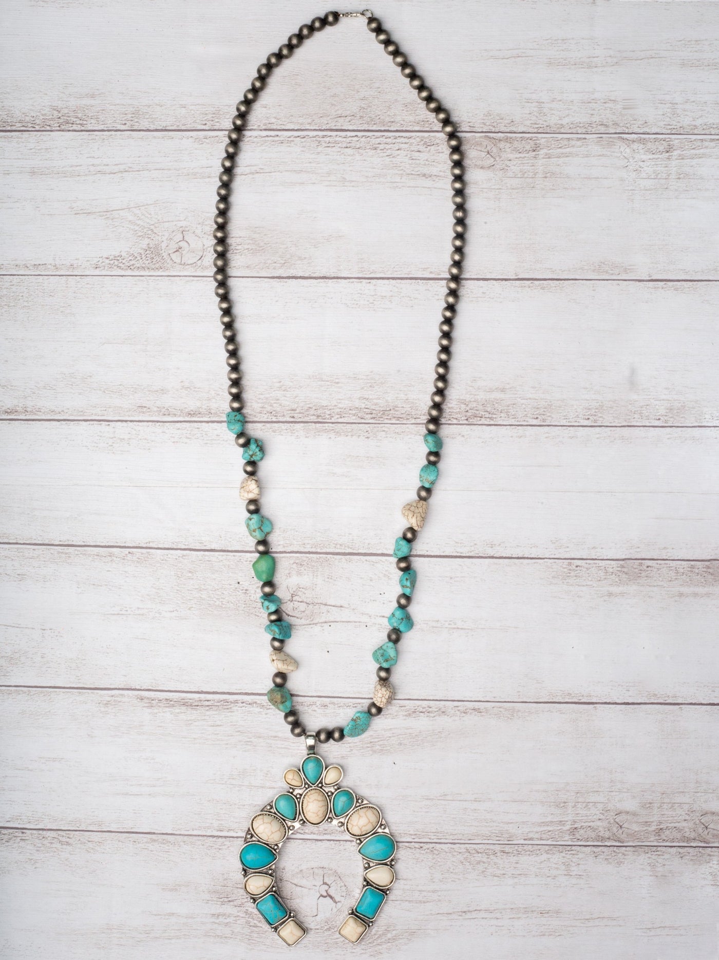 DON'T MESS WITH COWGIRLS TURQUOISE AND WHITE HOWLITE SQUASH BLOSSOM NAVAJO PEARLS NECKLACE