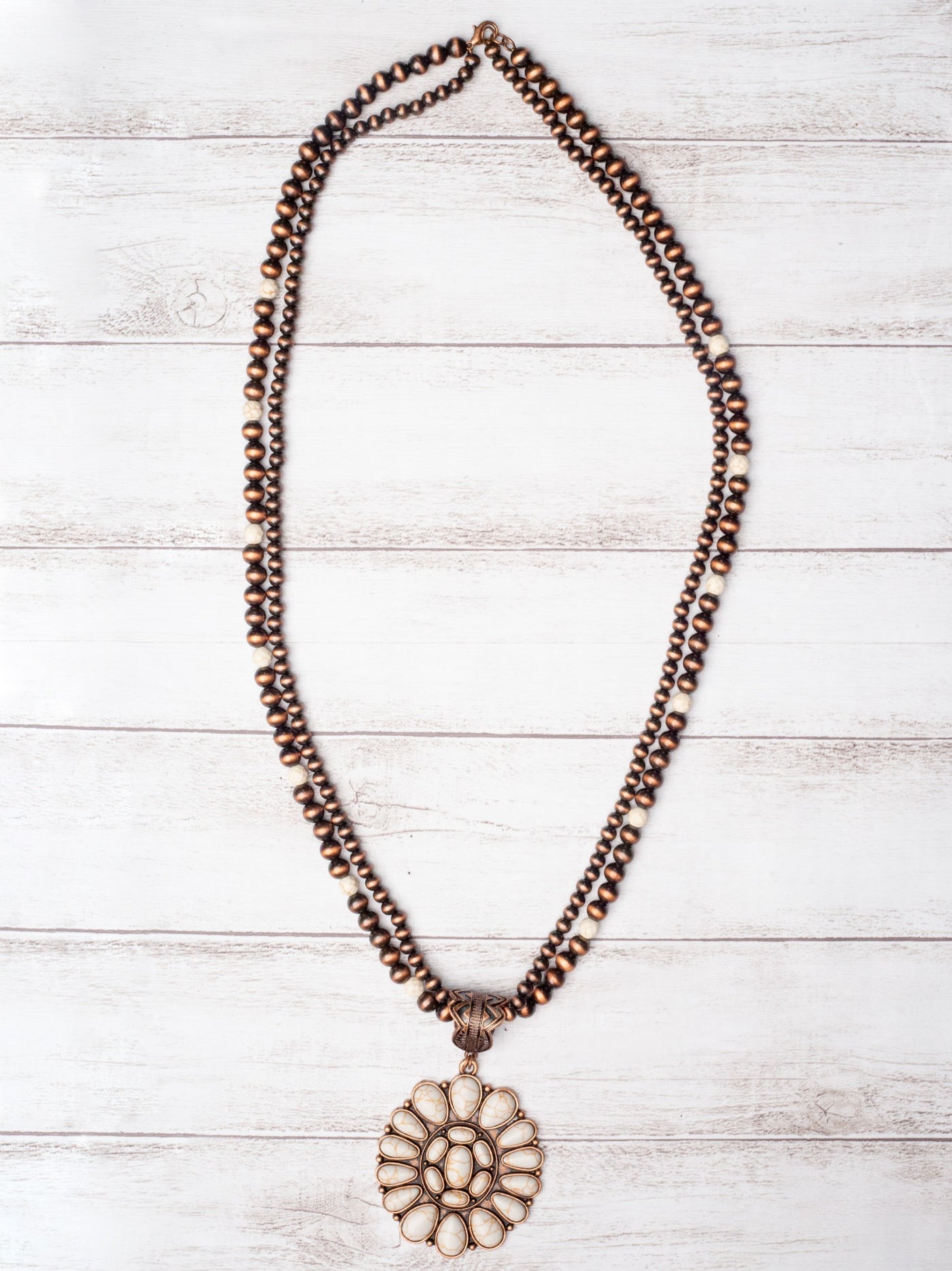 BUCKLE UP BUTTERCUP CREAM HOWLITE FLORAL CONCHO ON COPPER NAVAJO PEARLS NECKLACE