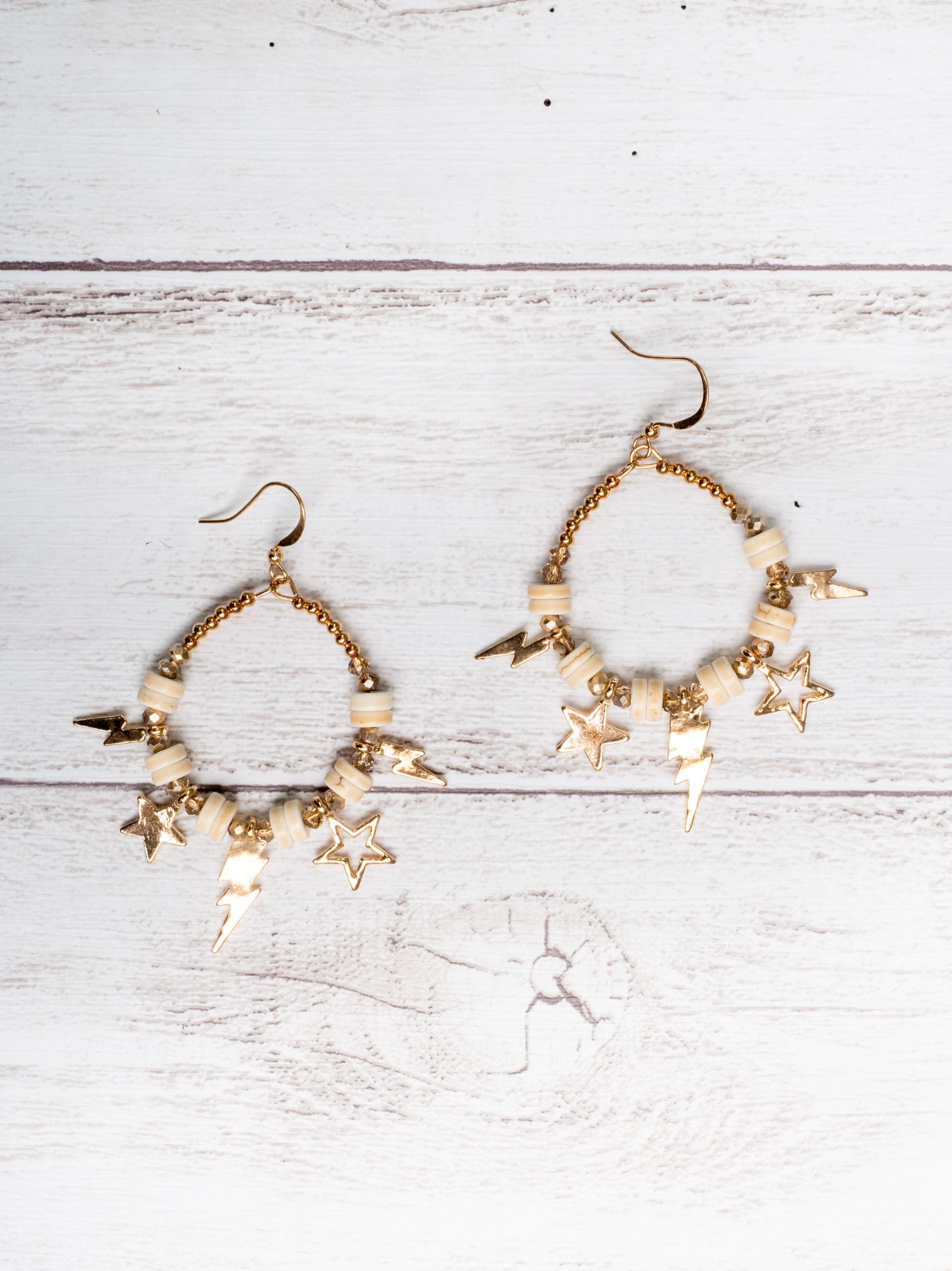 Shoot For The Stars Thunderbolt And Star Cream Beaded Hoop Earrings