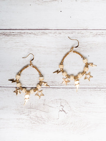 Shoot For The Stars Thunderbolt And Star Cream Beaded Hoop Earrings