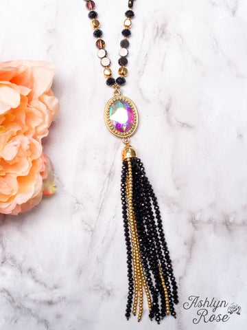 Crash My Party Iridescent Tassel Necklace, Black