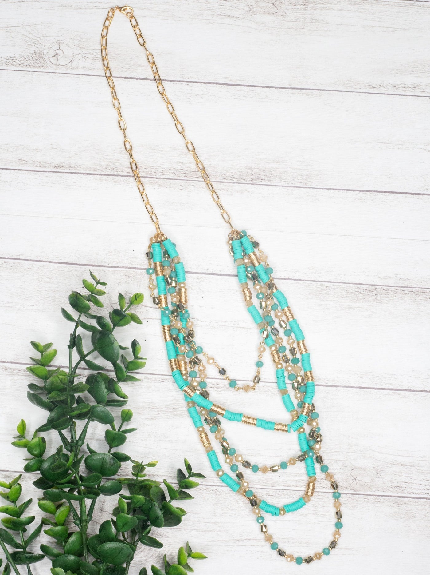 Im on Vacay Mode Turquoise Shell Beads With Mixed Crystal Beads Gold Link Chain Necklace